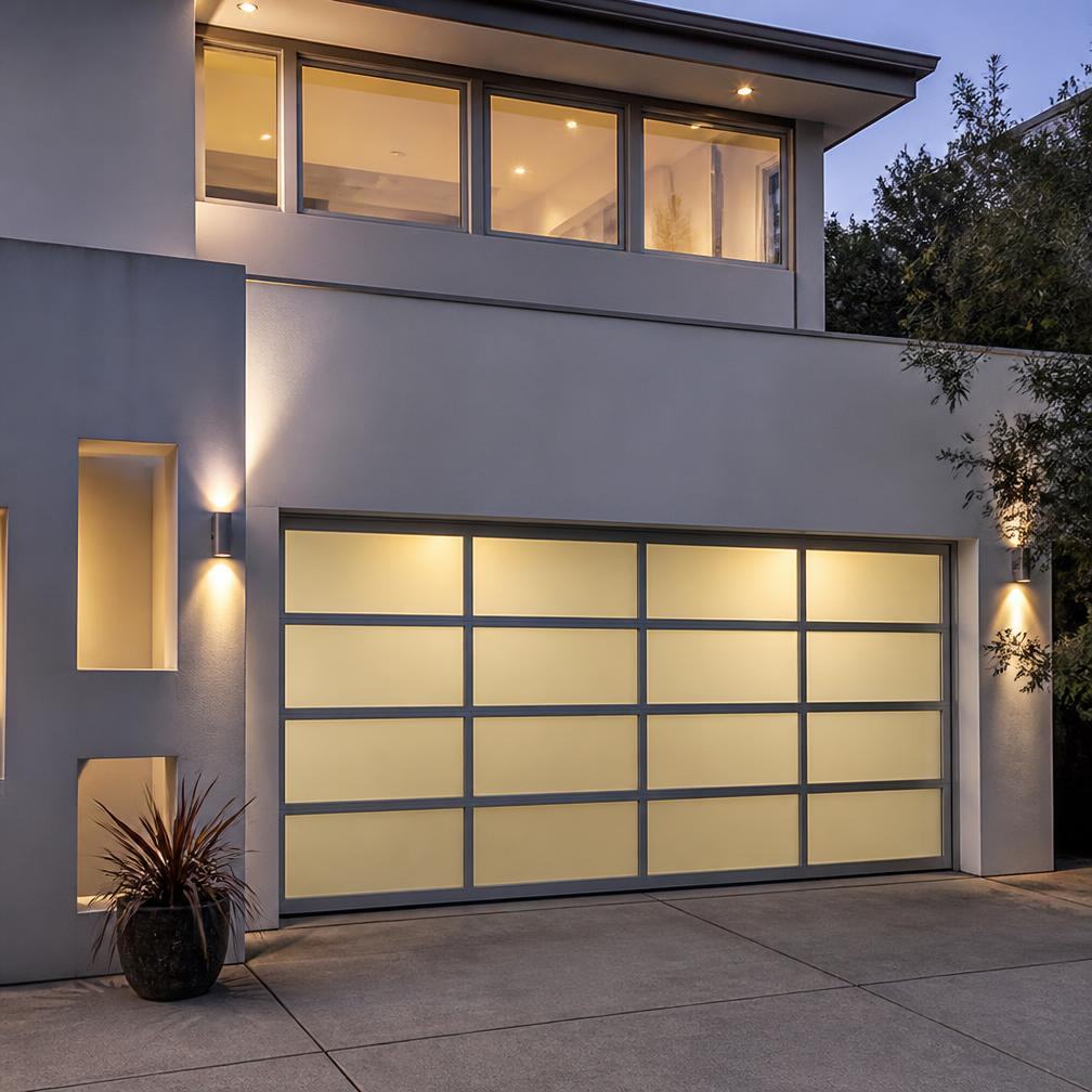 Modern aluminum and frosted glass garage door at dusk